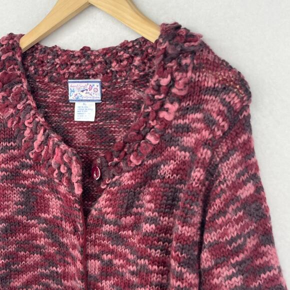 APRIL CORNELL Sweater XL Wool Blend Marled Button Up Cardigan Chunky Fringe Red - Picture 6 of 14